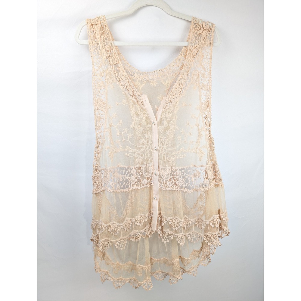 Vintage Y2K Floral Fairy Lace Button Tank Sheer Mesh Layer Boho Indie Romantic - Picture 2 of 9
